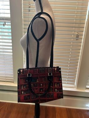 Faux Leather Library Print Tote Bag in Burgundy